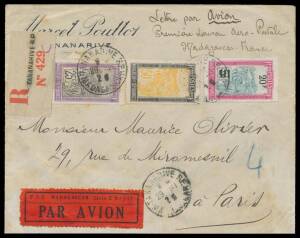 1926 (Dec 9) Madagascar-France per French aviators Bernard & Guilbaud registered cover franked 25fr50c with scarce black/red 'PTT MADAGASCAR Serie E No 31/PAR AVION' label just tied by Tananarive cds, minor blemishes, Muller #1 rated 25,000pts.