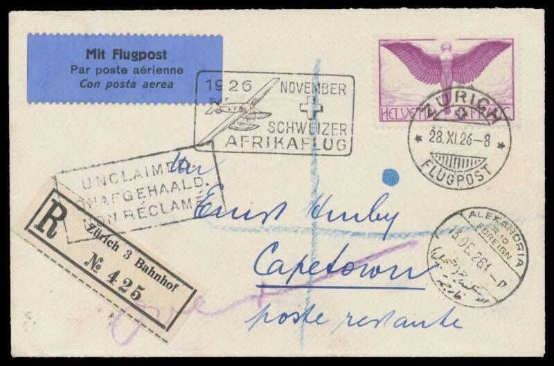 1926 (Dec 7) Switzerland-South Africa registered cover carried by Walter Mittelholzer & Hans Hartmann in the Dornier seaplane CH-I7I with Airmail 1fr tied 'ZÃƒÅ“RICH/28XI26/FLUGPOST' d/s, 'ZÃƒ¼rich 3 Bahnhof' R label & illustrated '[Seaplane] 1926 NOVEMBE