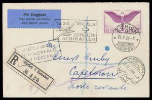 1926 (Dec 7) Switzerland-South Africa registered cover carried by Walter Mittelholzer & Hans Hartmann in the Dornier seaplane CH-I7I with Airmail 1fr tied 'ZÃƒÅ“RICH/28XI26/FLUGPOST' d/s, 'ZÃƒ¼rich 3 Bahnhof' R label & illustrated '[Seaplane] 1926 NOVEMBE