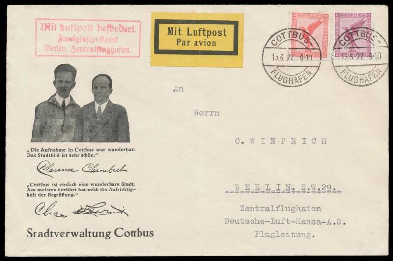1927 (June) United States-Germany per Clarence Chamberlin in the Wright-Bellanca  "Columbia", illustrated commemorative cover with photo & facsimile signatures of Chamberlin & his benefactor & passenger Charles Levine, German Airs 10pf & 15pf cancelled on