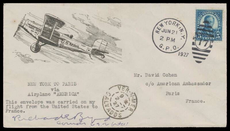 1927 (June 29) United States-France per Admiral Byrd in "America" with Roosevelt 5c tied by superb New York duplex & 'VER-SI-MER/CALVADOS' arrival cds, certified & signed b y the pilot "Richard E Byrd". Unusually fine for this flight: Byrd landed in the s