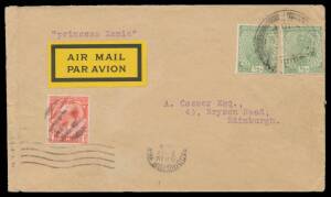 1928 (Sept 2) India-England cover endorsed "Princess Xenia" carried by Captain Barnard & Flight Officer Alliott in their Fokker Jupiter monoplane on the return flight with India KGV ½a x2 tied 'KARACHI/23AUG28' d/s & Great Britian KGV 1d affixed alongside