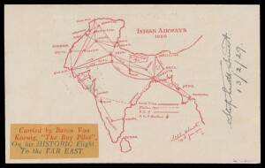 1928-29 Round the World Flight per the German aviator Friedrich Karl von Koenig-Warthausen being a Stephen Smith postcard with 'CALCUTTA TO RANGOON' h/s & boxed 'DELAYED BY/UNFAVOUARBLE/WEATHER/...' cachet in green, small commemorative label on the revers