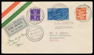 1930 (Apr 19) Rome-Alexandria with superb 'ROMA FERROVIA/POSTA AEREA' cds 7 2-line h/s, Alexandria arrival b/s. Only 5 flown.