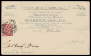 1930 (Oct 30) Round the World Flight by The Honourable Mrs Victor Bruce being an Indian commemorative cover printed in grey flown Karachi-Calcutta with Indian 1a cancelled on arrival & signed "Mildred Bruce".