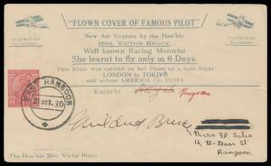 1930 (Oct 30) Round the World Flight by The Honourable Mrs Victor Bruce being an Indian commemorative cover printed in grey flown Karachi-Burma with Indian 1a cancelled on arrival with 'EAST RANGOON/31OCT30' cds & signed "Mildred Bruce". 
