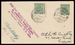 1931 (March 26) Karachi-Calcutta cover with 'Drigh Road (Karachi) To Dum Dum (Calcutta) By AMERICAN WORLD FLIERS/Messrs Ross Hadley & John E Pratt/In "Stearland" Biplane NR8809' cachet in violet alongside India KGV ½a x2 tied 'PARK STREET/26MAR31/CALCUTTA