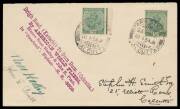 1931 (March 26) Karachi-Calcutta cover with 'Drigh Road (Karachi) To Dum Dum (Calcutta) By AMERICAN WORLD FLIERS/Messrs Ross Hadley & John E Pratt/In "Stearland" Biplane NR8809' cachet in violet alongside India KGV &frac12;a x2 tied 'PARK STREET/26MAR31/CALCUTTA