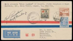 1931 (July 28) Japan-United States by Clyde Pangborn & Hugh Herndon Jr in "Miss Veedol" with Japanese 1½sn & 8½sn tied by Japanese cds and US Red Cross 2c cancelled on arrival at 'WENATCHEE/WASH', signed "Clyde Pangborn" & "Hugh Herndon Jr".