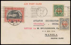 1931 (Aug 2) Manila-Shanghai postcard carried by Francis Chichester in his DH60G Moth float plane 'Miss Elijah' with 2c & 30c 'LOF/1928' overprints ('London Orient Flight') tied Manila 'JUL29/1931' cancel and China Airmails 30c tied 'SHANGHAI/10.8.31' d/s