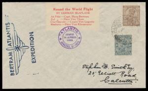 1932 (April 14) Calcutta-Rangoon cover carried by Capt Hans Betram with 'Round the World Flight/BY GERMAN SEAPLANE' vignette tied 'ATLANTIS/ICHAPUR/14 APRIL/1932/JUNKERS, D-1925' cachet with another strike on back and India 3p & 1a tied 'RANGOON GPO/22APR
