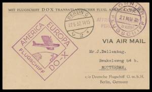 1932 (May 21) Newfoundland-Germany stampless postcard posted aboard the plane with 'DORNIER/21MAI32/FLUGSCHIFF' cds & superb 'AMERICA EUROPE/[plane]/FLUGSCHIFF DO-X' cachet in purple, unusually addressed to Holland.