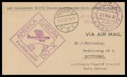 1932&nbsp;(May 21)&nbsp;Newfoundland-Germany&nbsp;stampless postcard posted aboard the plane with 'DORNIER/21MAI32/FLUGSCHIFF' cds & superb 'AMERICA EUROPE/[plane]/FLUGSCHIFF DO-X' cachet in purple, unusually addressed to Holland.