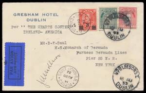 1932 (Aug 18) Ireland-Canada-United States per the Scottish aviator James Mollison in De Havilland "Puss Moth" plain cover with 'GRESHAM HOTEL/DUBLIN' imprint at U/L, Ireland 1d & 2d tied by bold 'UPR LESSON ST/18AU/32/DUBLIN' cds & Canadian 3c on 2c tied