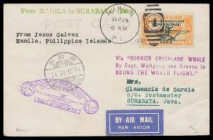 1932 (Sep 29) Philippines-Java PPC of the massive Dornier flying boat with 'ROUND-THE-WORLD-FLIGHT/VON GRONAU' Overprints tied by Manila d/s, flight cachet in violet & 'Via 'DORNIER GREENLAND WHALE/By Capt Wolfgang von Gronau...' cachet in purple, 'SOERAB