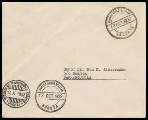 1932 (Oct 13) Colombia Military Flight Caucaya-Bogota stampless with rubber 'CORREO AEREO MILITAR/13OCT1932/CAUCAYA' cds plus similar '.../POTOSI' transit b/s & '.../BOGOTA' arrival cds, superb 'SERVICIO DE TRANSPORTES AEREOS/BGOTA' cds on the face & simi