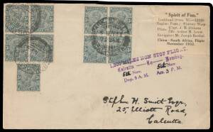 1932 (Oct 15) Calcutta-Bombay AAMC#291 intermediate cover with 'Spirit of Fun Lockheed Orion NC-12229.../China-South Africa Flight November 1932' label tied '1200 MILES NON STOP FLIGHT/Calcutta to Bombay' cachet altered to "5th Nov" and India KGV 3p x4 ti