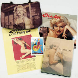 MARILYN MONROE: Group with postcards (5); posters (8); book "Monroe - Her Life in Pictures" by Spada [London, 1982]; lady's bag; 1988 calendar. Also Brisbane Bullets basketball with 12 signatures including Leroy Loggins, Ron Radliff & Larry Sengstock.