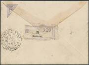 1932 (Oct 15) Bombay-Karachi AAMC#291a attempted 'Around The World' flight intermediate cover endorsed "Carried by Mr Arthur M Loewe ... in his Monoplane SPIRIT OF FUN..." signed by pilot James B Dickson on face with India KGV &frac14;a, 1&frac12;a & 2a6p tied 'KARACHI - 2