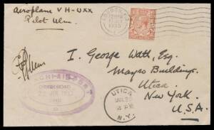 1933 (June 21) India-England AAMC#313b intermediate cover carried by Charles Ulm, PG Taylor & GU Allan in the 'Faith in Australia' on an attempted 'Round The World' flight from Australia endorsed "Aeroplane VH-UXX Pilot Ulm" & signed CTP Ulm on face with 