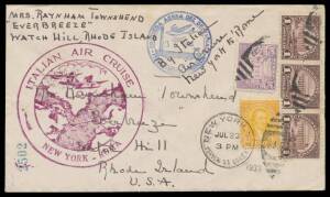 1933 (July 24) United States-Italy per the Italian Air Squadron with US 10c 50c & $1 strip of 3 tied by New York cancels & superb strike of the huge flight cachet in purple, 'TORINO FERR AMERICA/14.8.33/...' arrival b/s