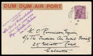 1933 (July 2) Australia-England AAMC#317 intermediate cover with 'DUM DUM AIR PORT' label tied 'AUSTRALIA-ENGLAND FLIGHT/CARRIED BY/"The Spirit of Western Australia'/Piloted by Mr James Woods/Stage:-Calcutta-Lucknow/20th July 1933' cachet & India 1a3p tie