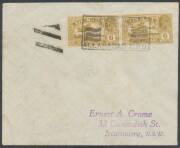 1935 (Oct) Australia-England per&nbsp;FR Maguire & OFY Thomson&nbsp;Indian intermediate with Airmail 6a pair cancelled on arrival at Allahabad with oval 'CIVIL AERODROME - ALLAHABAD, BAMRA' dated cachet in violet on the reverse, signed by both pilots on the reverse - 2