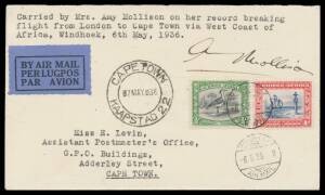 1936 (April) England-South Africa per Amy Mollison (Johnson) South West Africa-South Africa leg with SWA ½d & 1d tied by tiny 'WINDHOEK/6.5.36/AIR MAIL' cds & large 'CAPETOWN/7MAY36/KAAPSTAD 22' arrival cds, typed endorsement & signed "Amy Mollison". Only