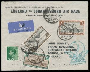 1936 (Sep 29) England-South Africa Air Race per Tommy Rose & J Bagshaw with flight cachet in green, KEVIII ½d tied by London cds & Egyptian Airs cancelled on arrival at Cairo where the plane's undercarriage was damaged on lanidng causing the flight to be 
