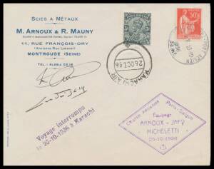 1936&nbsp;(Oct 25)&nbsp;Paris-Saigon Air Race&nbsp;per&nbsp;Arnoux, Japy & Micheletti&nbsp;in&nbsp;Caudron&nbsp;"Goeland" with French 50c tied by 'LE BOURGET-PORT AERIEN' cds & Indian 3p tied by 'KARACHI AIR' cds, flight cachet in violet & signed by&nbsp;Arnoux & Japy. Superb! The plane crashed
