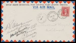 1938 (Feb-Mar) Arctic Search Flight per Sir Hubert Wilkins in a Lockheed Electra with Canadian 3c tied by 'EDMONTON' cds with 'AKLABIK/NWT' cds alongside, signed by "Hubert Wilkins" & four others.