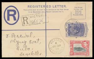 1939&nbsp;(June 20)&nbsp;Seychelles-Kenya&nbsp;per "Guba" being Size F 20c Registration Envelope with 'VICTORIA/SEYCHELLES' cds & registration cachet, uncancelled KUT 15c, Cat $A650.