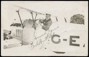 Bert Hinkler memorabilia mounted on exhibit pages including real photo postcards showing him in Avro Baby circa 1921 (autographed) & in Avro Avian landing at Darwin 1928 and with his mother next to the plane, autographed 1919 photo in Sopwith Dove, 1921 t