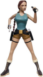 LARA CROFT: lifesize fibreglass model produced for videogame / movie releases. Lara features her tombraiding torch in one hand with a pistol in the other, she also has a backpack and a holstered sidearm. Displays very well, a high quality model. Approx 19