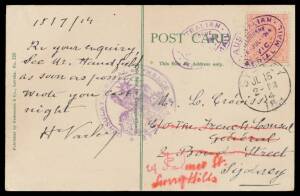 1914 (July 16) Melbourne-Sydney AAMC#4b Levuka, Fiji postcard purportedly flown by Maurice Guillaux on the first Australian official airmail flight with Victoria 1d tied forged 'AUSTRALIAN/AERIAL MAIL/MELBOURNE/16-JUL-1914/VIC' oval d/s in violet showing 