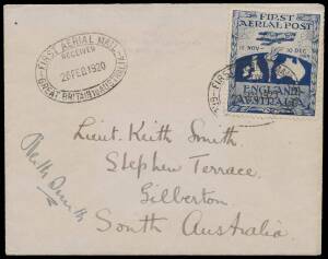 1919 (Nov 12) England-Australia AAMC#27 cover to 'Lieut Keith Smith' carried by Keith & Ross Smith, JM Bennet & W Shiers in the winning entry in the &pound;10,000 Air Race (Frommer #FR:299) signed Keith Smith on face enclosing letter from his brother signed Ros