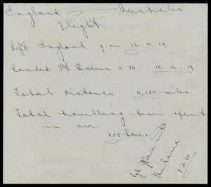 1919 (Nov 12) England-Australia hand-written note signed Sgt JM Bennett who served as mechanic on the Vickers Vimy co-piloted by Keith & Ross Smith giving details of the &pound;10,000 Air Race winning flight "Left England 9am 12.11.19 / Landed Pt Darwin 3.30 10