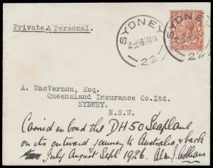 1926 (June 30) England-Australia-England AAMC#96 cover signed by pilot "Alan J Cobham" and endorsed by him "Carried on board the DH50 Seaplane on its outward journey to Australia & back July August Sept 1926" on face with Great Britain KGV 1&frac12;d tied 'SYDNE