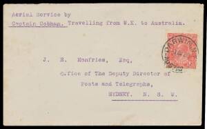 1926 (June 30) England-Australia-England AAMC#97 cover endorsed "Aerial Service by Captain Cobham Travelling from UK to Australia" carried to Sydney on the penultimate leg of his outbound flight with Australia KGV 1&frac12;d tied 'DARWIN NT/7AU26/AUSTRALIA' d/s,