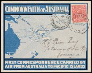 1926 (Sept 25) RAAF Pacific Islands Survey Flight AAMC#102 blue illustrated 'Map' cover to Noumea with KGV 1&frac12;d red tied SYDNEY d/s & 'THURSDAY ISLAND/2/10OC26/QUEENSLAND' transit flown by Group Captain Richard Williams in a DH50A seaplane.