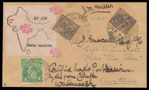 1927 (Oct 14) England-Australia AAMC#111 two intermediate covers to Australia carried by Capt WA Lancaster and Mrs Keith Miller in their Avro Avian both with India KGV 1a x2 tied 'PARK STREET/20DEC27/CALCUTTA' d/s and special 'Map' airmail label, one to A