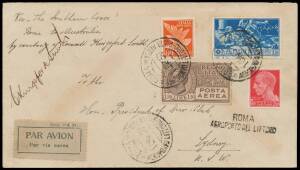 1930 (Oct 9) England-Australia AAMC#171a intermediate cover endorsed "Via 'The Southern Cross'/Rome to Australia/by courtesy of Commdt Kingsford-Smith" signed "C Kingsford-Smith" on face with Italy 20c, 80c, 1L20c & 1L25c tied 'ROMA/AEROPORTO DEL LITTORIO