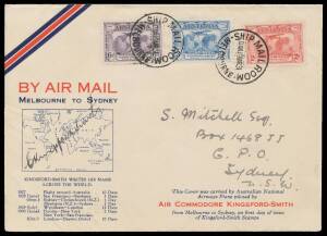 1931 (March 19) Melbourne-Sydney AAMC#181 illustrated First Day Cover with world map, list of Charles Kingsford Smith's record-breaking flights and 2d, 3d & 6d tied 'SHIP MAIL ROOM/MELBOURNE' d/s signed "C Kingsford Smith" on face and flown by him & GU Al