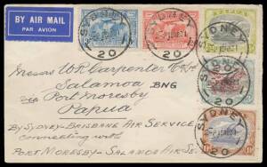 1931 (March 19) Sydney-Brisbane-Port Moresby-Salamaua AAMC#P29 cover with Kingsford Smith 2d & 3d tied SYDNEY/19MR31' d/s (First Day of Issue) and Papua Lakatois &frac12;d, 1&frac12;d & 3d 'Plane' overprint alongside tied by same, carried by ANA to Brisbane, by ship to