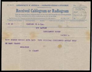 1931 (July 25) Australia-England Telegram from pilot JA Mollison upon completion of his record-breaking flight on PMG's Department 'Received Cablegram or Radiogram' form to Opposition Leader (later Sir) John Greig Latham "HAVE BROKEN RECORD BOTH WAYS YOU