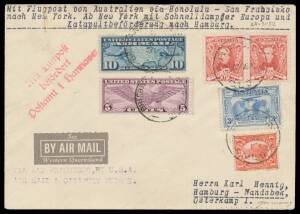 1932 (March 24) Australia-USA-Germany cover with QANTAS 'See Western Queensland' airmail label endorsed "VIA SAN FRANCISCO, BY USA AIR MAIL & CATAPULT FLIGHT" with Queensland 1d & Australia 3d KSmith & Sturt 1&frac12;d 'A' perfin x2 plus USA Map Airmail 10c & Wi