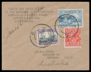 1932 (Oct 15) Australia-South Africa AAMC#287 cover endorsed "ROUND THE WORLD FLIGHT IN THE LOCKHEED ORION MONOPLANE" carried from Sydney on the Metro Goldwin Mayer 'Spirit Of Fun' signed by pilot James B Dickson on face with Harbour Bridge 3d & KGV 2d an