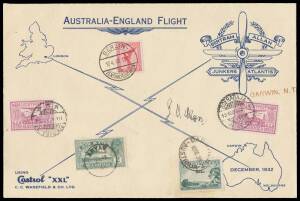 1932 (Dec 12) Australia-Germany AAMC#242 CC Wakefield & Co Ltd Castrol XXL large illustrated 'Australia-England Flight/Bertram Allan/Junkers Atlantis' cover showing Australia & Great Britain maps and 'Propellor' logo carried by Hans Bertram & GU 'Scottie'