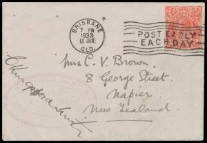 1933 (Oct 4) India-Australia AAMC#333a intermediate cover carried by Charles Kingsford Smith in the Percival Gull monoplane 'Lady Southern Cross' on his record-breaking 7 day, 4hour, 47 minute flight from England signed C Kingsford Smith on face with ligh