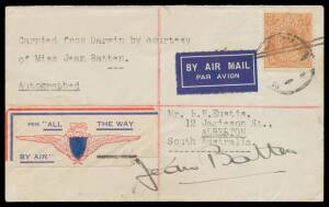 1934 (May 8) Darwin-Sydney #377 cover endorsed "Carried from Darwin by courtesy Miss Jean Batten" flown to Sydney immediately after her successful England-Australia flight in the DH60M Moth G-AARB signed Jean Batten on face with KGV 5d tied manuscript can
